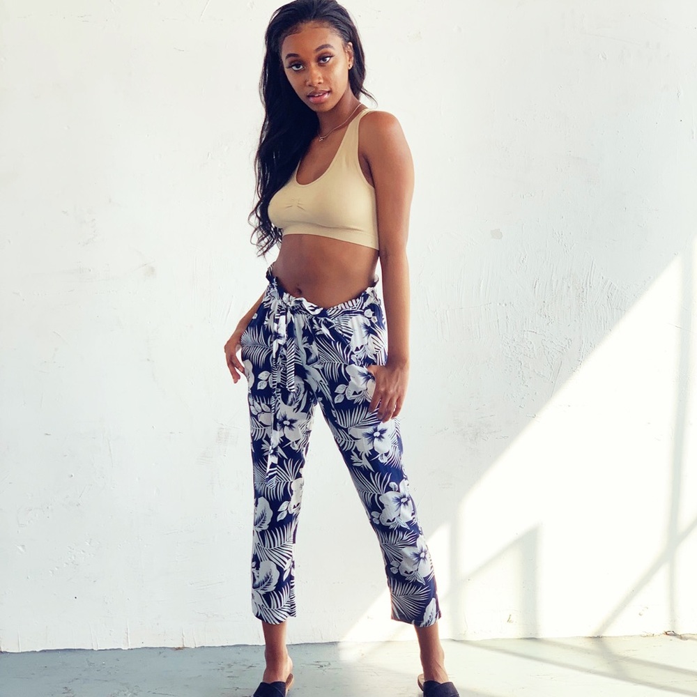 Tropical Hibiscus Print Pants
